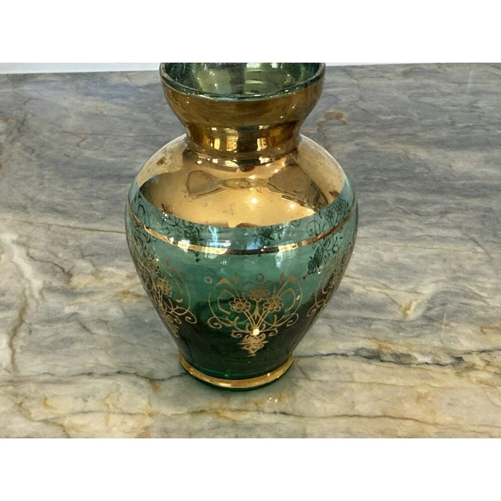 Vecchia Murano Emerald Green Art Glass‎ Bud Vase 24K Gold Trim Chandelier Rare